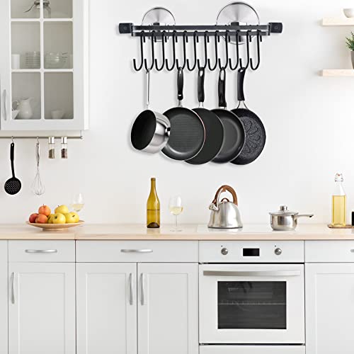 Pots and Pans Hanging Rack Wall Mounted,Kitchen Utensil Hanger with 12 Pack Black S Hooks for Hanging Spatulas Measuring Spoons Tools Coffee Mug,Anti-Drop Kitchen Wall Rack Rrganizer -17 Inch