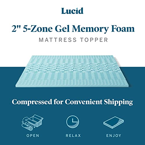 Lucid 2 Inch Mattress Topper Queen - Memory Foam Mattress Topper Queen - 5 Zone Gel Infusion - CertiPur Certified Foam