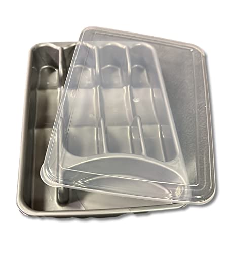 Utensil and Silverware Organizer tray for drawer with cover -Cutlery Flatware Organizer with lid - for kitchen drawer, BBQ , picnic, Covered flatware tray,5 Compartments - Plastic (SILVER)