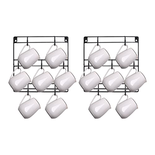 Ymeibe Wall Mounted Coffee Mug Rack with 7 Hooks Large Metal 3 Tiers Coffee Cup Holder for Coffee Mugs, Teacups, Mason Jars, Display, Organizer and Storage Hangers, Set of 2 (Black)