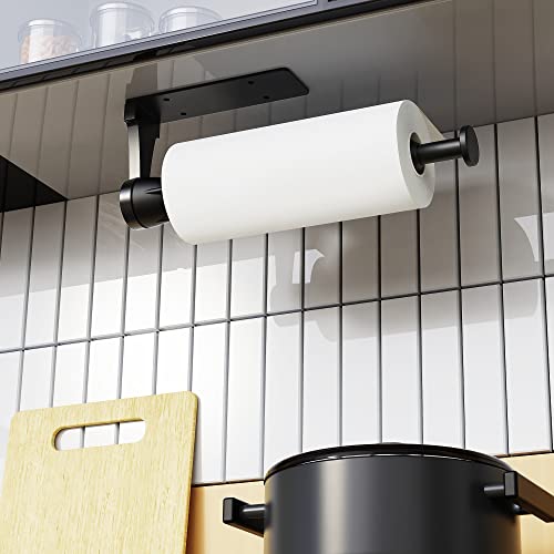 SITANES Paper Towel Holder-Single Hand Operable Wall Mount Paper Towel Holder Under Cabinet with Damping Effect for Kitchen Bathroom (Black)