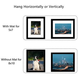 PEALSN 8x10 Picture Frame Set of 2, Made of High Definition Real Glass, Display 5x7 with Mat or 8x10 Without Mat, Photo Frames for Wall Mounting or Table Top Display, Black