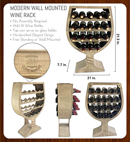 CoTa Global Modern Wine Glass Shaped Wall Mounted Wine Rack - 18 Bottles Freestanding Wooden Wine Holder, Hanging Bottle Rack or Floor Stand, Wine Storage Shelf Organizer for Wine Bar & Home Décor