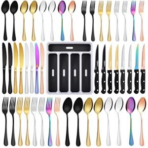 dsnn 48 pieces iridescent flatware set with silverware organizer, nice design cutlery service for 8, stainless steel kitchen utensil
