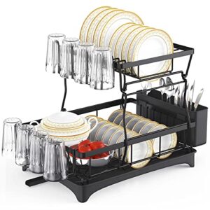 acalantha dish drying rack with drainboard, large dish racks for kitchen counter, 2 tier dish holder with silverware drying rack.(black)