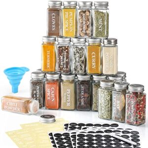aozita 24 pcs glass spice jars/bottles with spice labels – 4oz empty square spice containers, condiment pot – shaker lids and airtight metal caps – silicone collapsible funnel included