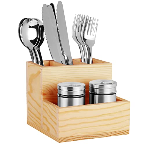 Wooden Silverware Holder,Countertop Silverware Organizer,Silverware Holder for Fork,Spoon,Knife,Condiment Shakers,4 Compartments Utensil Caddy for Farmhouse Kitchen Decor,Parties,Hotel