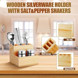 Wooden Silverware Holder,Countertop Silverware Organizer,Silverware Holder for Fork,Spoon,Knife,Condiment Shakers,4 Compartments Utensil Caddy for Farmhouse Kitchen Decor,Parties,Hotel