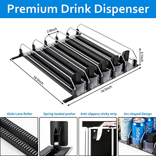 CINPIUK Drink Organizer for Fridge, Soda Can Dispenser for Refrigerator, Beverage Pusher Glide Drinks Dispenser Adjustable Width, Water Bottle Beer Can Stroage Rack for Kitchen, Pantry