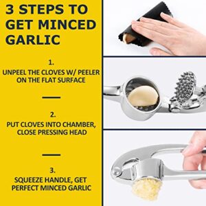 Premium Garlic Press, Garlic Mincer Set of 3 with Silicone Roller Peeler & Cleaning Brush - Gloss Silver