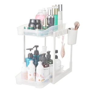 under sink organizers and storage, double sliding cabinet organizer drawer,pull out cabinet organizer 2 tier large capacity under bathroom storage rack with 6 hooks, 1 hanging cup, translucent,1 pack