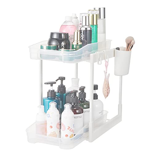 Under Sink Organizers and Storage, Double Sliding Cabinet Organizer Drawer,Pull Out Cabinet Organizer 2 Tier Large Capacity Under Bathroom Storage Rack with 6 Hooks, 1 Hanging Cup, Translucent,1 Pack