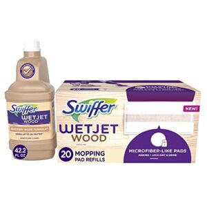 swiffer wetjet mops for floor cleaning, hardwood floor cleaner, mopping refill bundle, includes: 20 pads, 1 cleaning solution