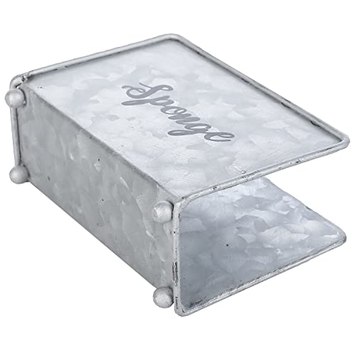 MyGift Rustic Galvanized Silver Metal Dish Sponge Holder for Kitchen Sink with SPONGE Cursive Writing