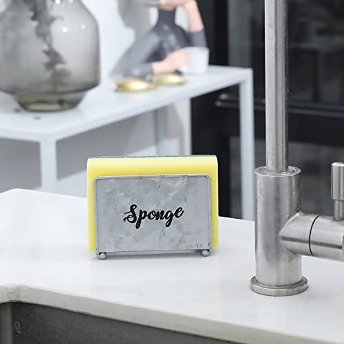 MyGift Rustic Galvanized Silver Metal Dish Sponge Holder for Kitchen Sink with SPONGE Cursive Writing