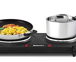 Elite Gourmet EDB-302BF# Countertop Double Cast Iron Burner, 1500 Watts Electric Hot Plate, Temperature Controls, Power Indicator Lights, Easy to Clean, Black