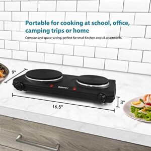 Elite Gourmet EDB-302BF# Countertop Double Cast Iron Burner, 1500 Watts Electric Hot Plate, Temperature Controls, Power Indicator Lights, Easy to Clean, Black