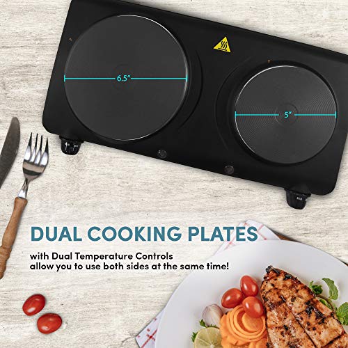 Elite Gourmet EDB-302BF# Countertop Double Cast Iron Burner, 1500 Watts Electric Hot Plate, Temperature Controls, Power Indicator Lights, Easy to Clean, Black