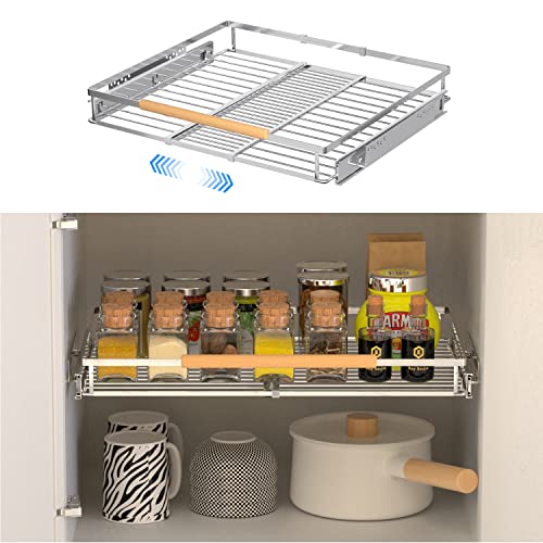 Expandable Pull Out Cabinet Drawer Organizer, 16.3~26.3"W x 17"D Heavy Duty Cabinet Organizers and Storage, Expandable Width Cabinet Pull Out Shelves for Kitchen Cabinets, Chrome Finish (1 Pack)