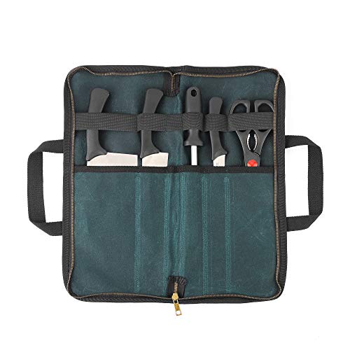 Chef's Travel Knife Case, Portable Knife Roll Bag For Men And Women, Waterproof Waxed Canvas, Strong Zipper, 5 Slots (Dark Green)