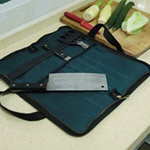 Chef's Travel Knife Case, Portable Knife Roll Bag For Men And Women, Waterproof Waxed Canvas, Strong Zipper, 5 Slots (Dark Green)