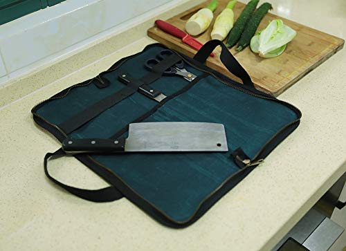 Chef's Travel Knife Case, Portable Knife Roll Bag For Men And Women, Waterproof Waxed Canvas, Strong Zipper, 5 Slots (Dark Green)