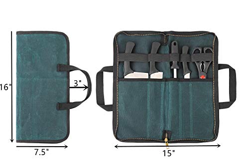 Chef's Travel Knife Case, Portable Knife Roll Bag For Men And Women, Waterproof Waxed Canvas, Strong Zipper, 5 Slots (Dark Green)