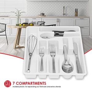 Home Basics 7 Molded Compartments Plastic Cutlery Tray (White) | Flatware and Extra Utensils Organizer | Deep Compartments | Heavy Duty | Round Corners