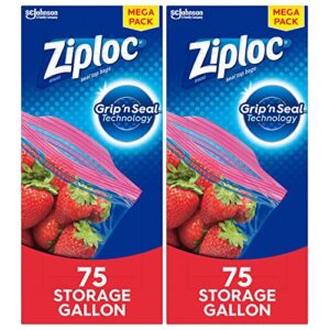 ziploc gallon food storage bags, grip ‘n seal technology for easier grip, open, and close, 75 count, pack of 2 (150 total bags)