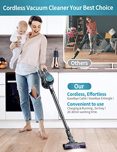 Voweek Cordless Vacuum Cleaner, Lightweight Stick Vacuum Cleaner with Powerful Suction, Detachable Battery, Self-Standing, 1.3L Dust Cup, 4 in 1 Handheld Vacuum for Home Hard Floor Carpet Pet Hair