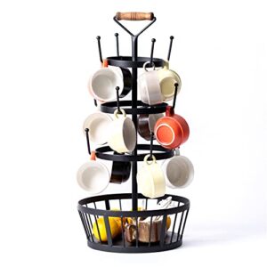 coffee cup tree coffee mug holder tree stand 4 tiers coffee cup stand with 12 mug hooks mug rack countertop with storage basket coffee mug tree for counter with wooden handle perfect for bar kitchen