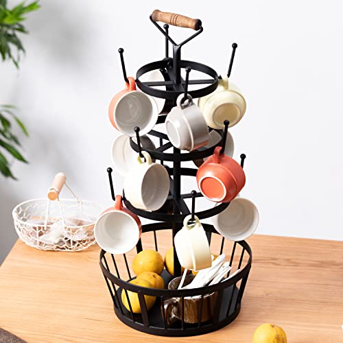 Coffee Cup Tree Coffee Mug Holder Tree Stand 4 Tiers Coffee Cup Stand with 12 Mug Hooks Mug Rack Countertop with Storage Basket Coffee Mug Tree for Counter with Wooden Handle Perfect for Bar Kitchen