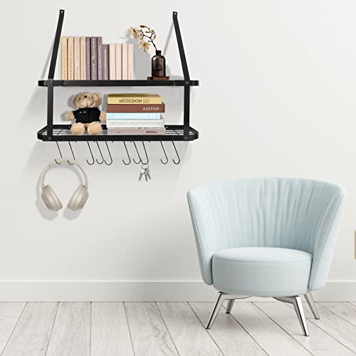 ALAPUR 2 Tier Wall Mounted Pot Rack Storage Shelf with 10 Hooks,Kitchen Pots and Pans Hanging Rack Holder for Utensils Cookware Household,Black