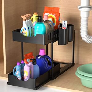 under sink organizer,2 tier under-sink organizers with pull out sliding drawers 4 hooks 2 cups black under sliding cabinet basket organizer for bathroom kitchen