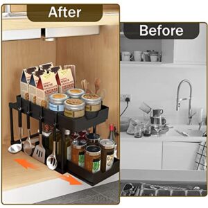 Under Sink Organizer,2 Tier Under-Sink Organizers with Pull Out Sliding Drawers 4 Hooks 2 Cups Black Under Sliding Cabinet Basket Organizer for Bathroom Kitchen