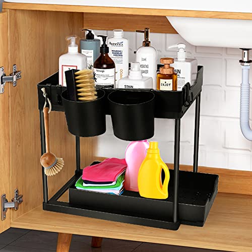 Under Sink Organizer,2 Tier Under-Sink Organizers with Pull Out Sliding Drawers 4 Hooks 2 Cups Black Under Sliding Cabinet Basket Organizer for Bathroom Kitchen