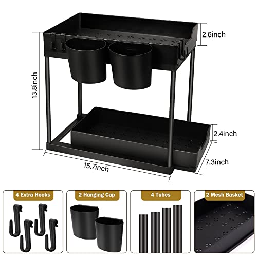 Under Sink Organizer,2 Tier Under-Sink Organizers with Pull Out Sliding Drawers 4 Hooks 2 Cups Black Under Sliding Cabinet Basket Organizer for Bathroom Kitchen