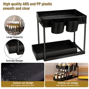 Under Sink Organizer,2 Tier Under-Sink Organizers with Pull Out Sliding Drawers 4 Hooks 2 Cups Black Under Sliding Cabinet Basket Organizer for Bathroom Kitchen