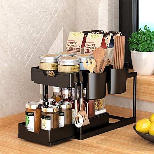 Under Sink Organizer,2 Tier Under-Sink Organizers with Pull Out Sliding Drawers 4 Hooks 2 Cups Black Under Sliding Cabinet Basket Organizer for Bathroom Kitchen