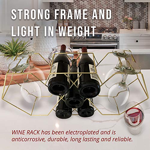 Golden Wine and Glass Rack, Tabletop Wine Rack, Countertop Wine Rack, Wine Bottle Holder, Holds Bottles & Glasses, Freestanding Wine Storage, Perfect for Kitchen Home Bar Storage