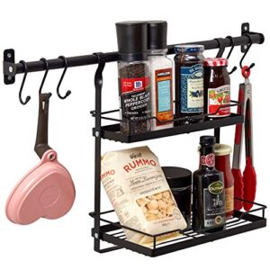 ezoware kitchen wall mount utensil holder organizer set, 23.6″ hanging rail rod, 2 tier foldable spice rack and 5 s hooks for hanging spices, condiments pots, pans, lids, utensils – black