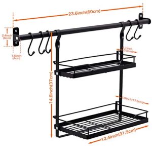 EZOWare Kitchen Wall Mount Utensil Holder Organizer Set, 23.6" Hanging Rail Rod, 2 Tier Foldable Spice Rack and 5 S Hooks for Hanging Spices, Condiments Pots, Pans, Lids, Utensils - Black