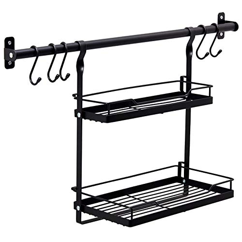 EZOWare Kitchen Wall Mount Utensil Holder Organizer Set, 23.6" Hanging Rail Rod, 2 Tier Foldable Spice Rack and 5 S Hooks for Hanging Spices, Condiments Pots, Pans, Lids, Utensils - Black