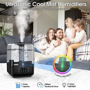 Humidifiers for Bedroom, Ultrasonic 5L Top Fill Humidifiers for Large Room Baby Home with 360° Rotation Nozzle, 3 Mist Levels, Auto Shut-Off, Timer, Essential Oil Diffuser, 30H Work Time, Quiet