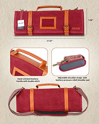 DEQIS Knife Roll Chef Waxed Canvas Bag Storage 13 Slots and 1 Large Zipper Pocket Carry Shoulder Strap Handle and Name Card Professional Folding Cooking Tools Case Organizer,Knives Not Included,Red