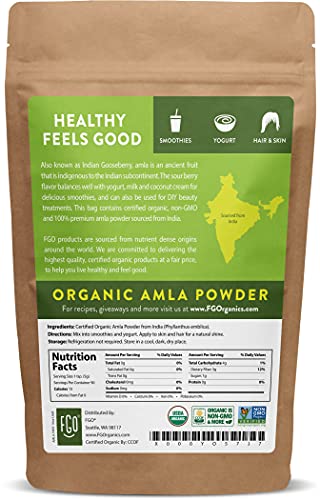 Organic Amla Powder (Amalaki) | 16oz Resealable Kraft Bag (1lb) | 100% Raw From India | by FGO