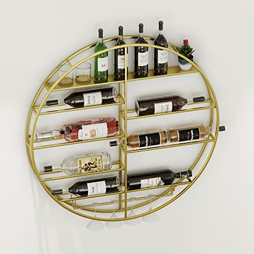 HEONITURE 12 Bottle Wall Mounted Wine Bottle Rack in Gold, Bar Liquor Shelves Shelf with Glass Holder, Hanging Display Rack for Home Bar Dining Room Kitchen(35.5''), Gold,white,red