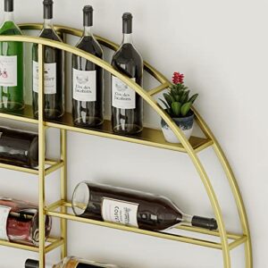 HEONITURE 12 Bottle Wall Mounted Wine Bottle Rack in Gold, Bar Liquor Shelves Shelf with Glass Holder, Hanging Display Rack for Home Bar Dining Room Kitchen(35.5''), Gold,white,red