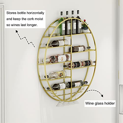 HEONITURE 12 Bottle Wall Mounted Wine Bottle Rack in Gold, Bar Liquor Shelves Shelf with Glass Holder, Hanging Display Rack for Home Bar Dining Room Kitchen(35.5''), Gold,white,red