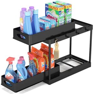 yumkubis under sink organizers and storage, 2 tier sliding bathroom cabinet organizer, pull out under sink storage, black bathroom counter organizer with drawers & 4 hooks for kitchen, bathroom